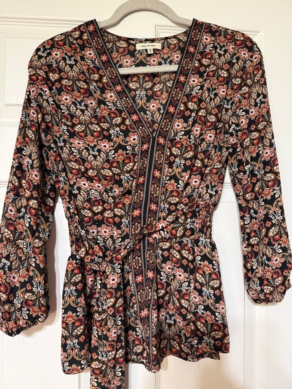 Max Studio Black Floral V-Neck Boho Top with Rust and Cream Accents
